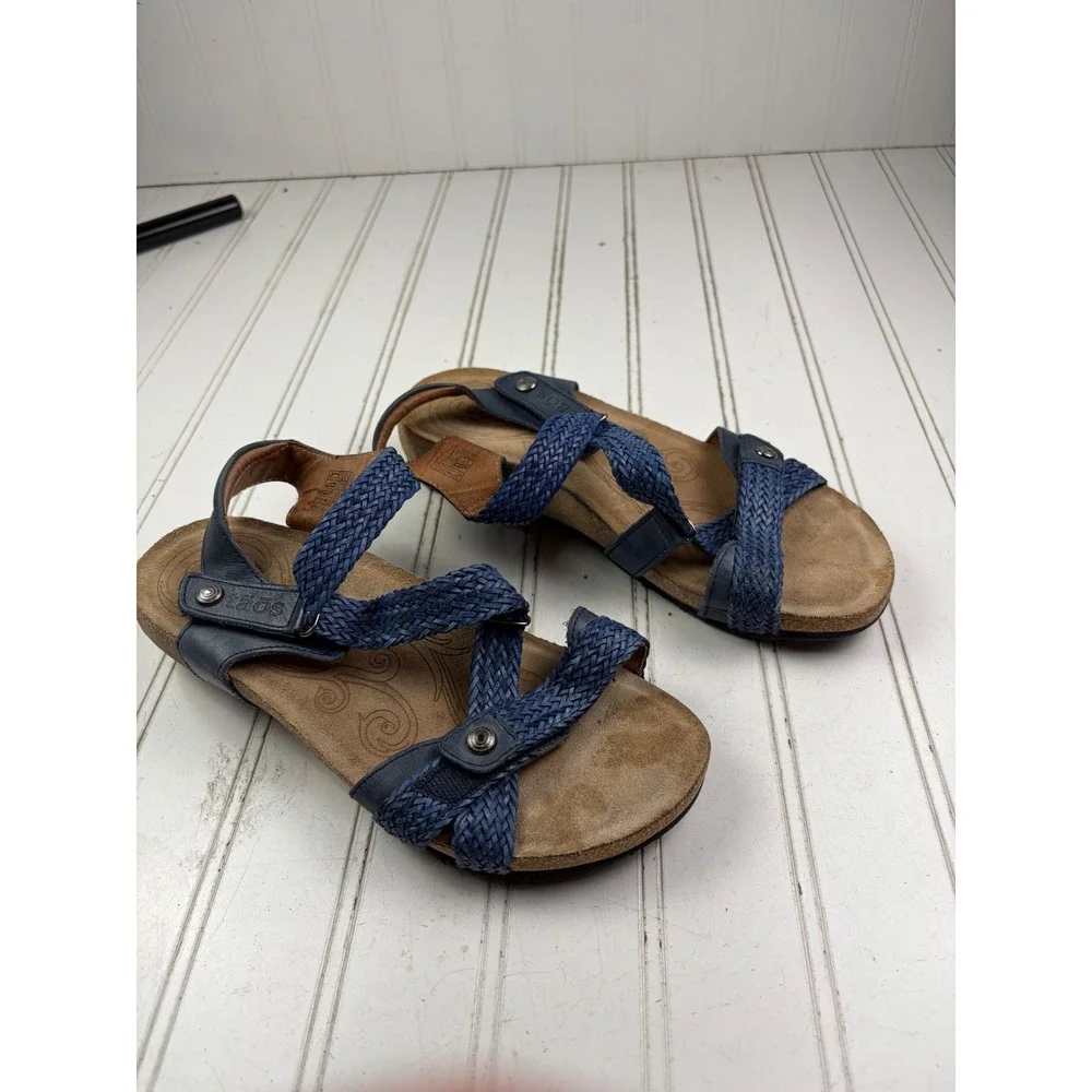 Taos Trulie Navy Leather Strappy Hook & Loop Wedge Sandals Women's Size 37 6-6.5